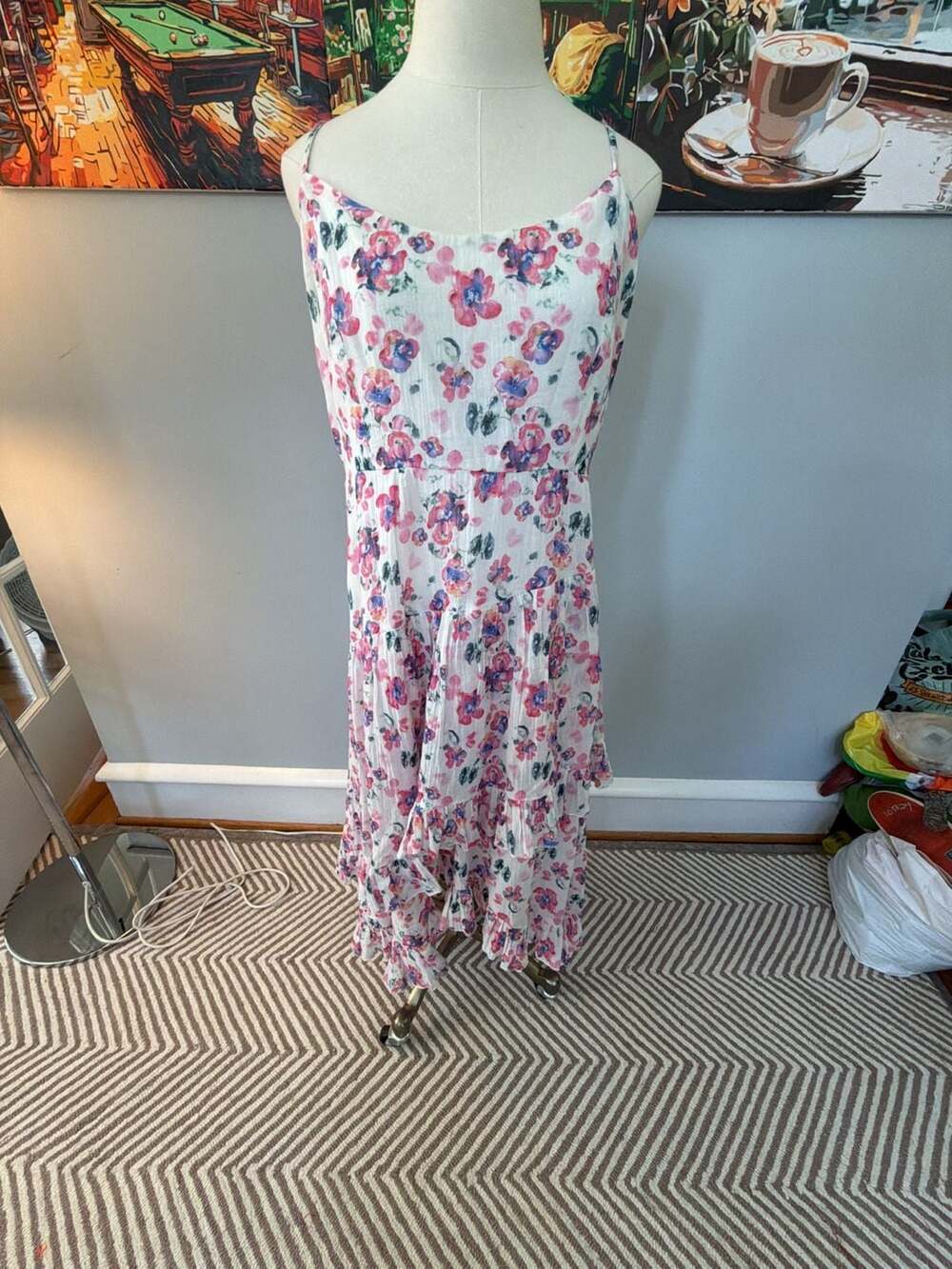 ALLISON New York White Floral Spaghetti Strap Ruffle Tiered Midi Dress size L